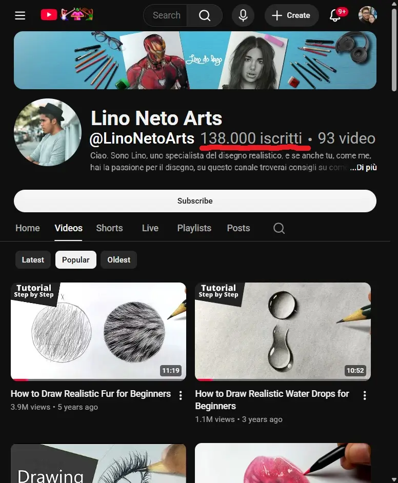 Il canale YouTube Lino Neto Arts
